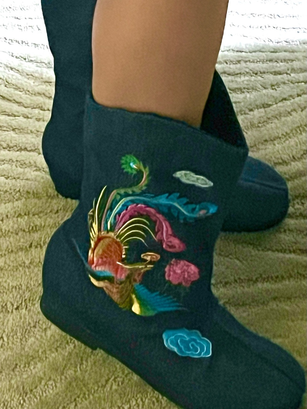 Mongolian NEW hand Embroidered Navy denim Women's Mid-Calf Boots
